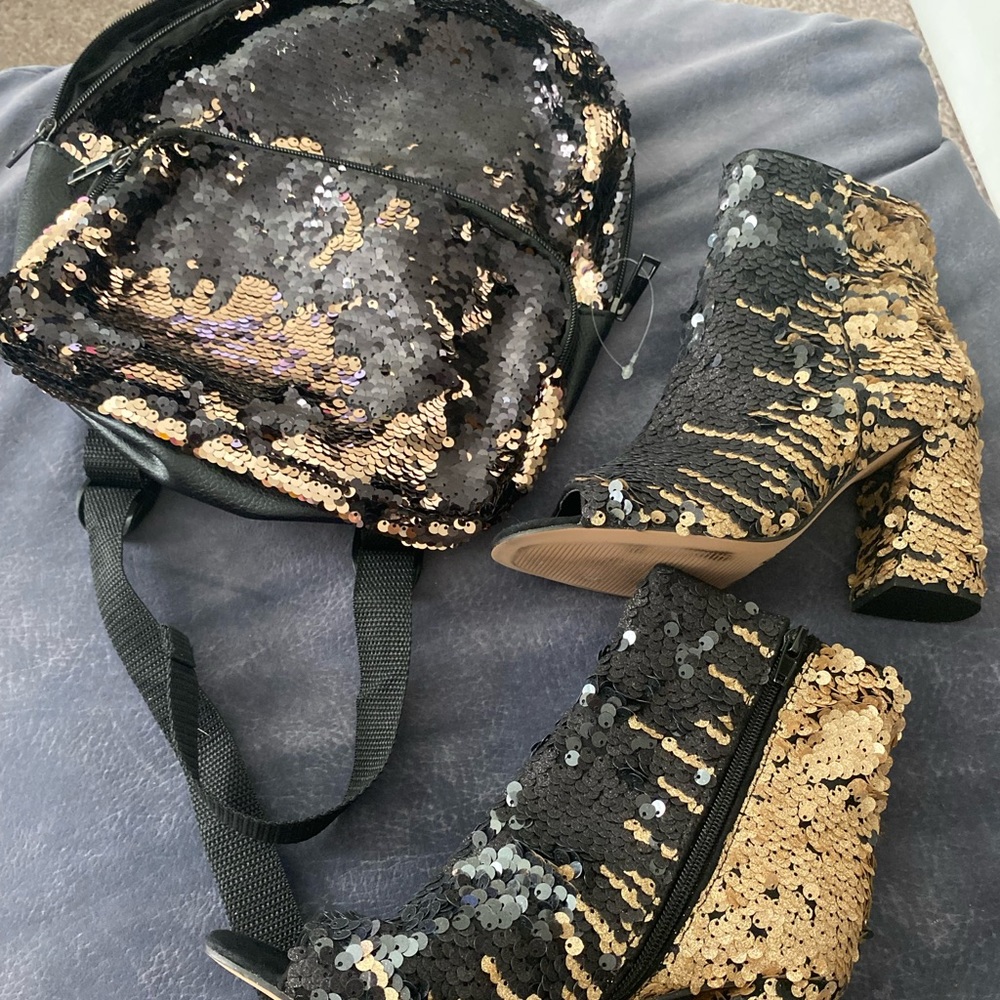 Sequin booties ad book bag